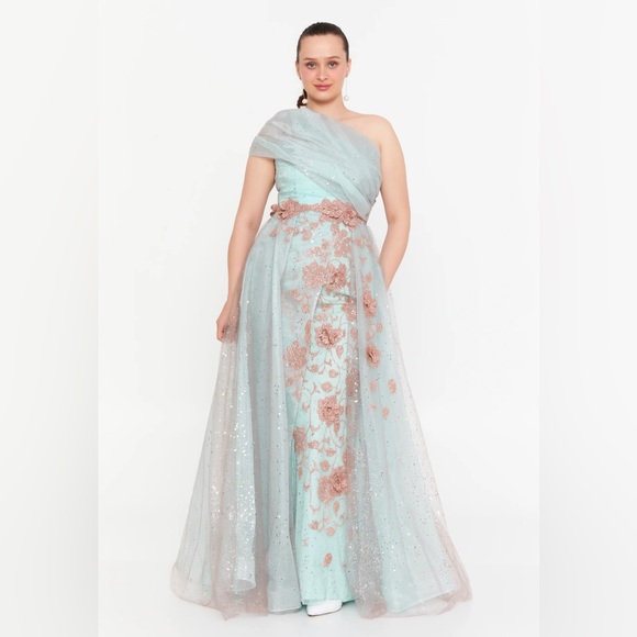 Elegant One-Shoulder Blue Dress with Rose Gold Floral Accents New With Tags Elegant One-Shoulder Blue Dress with Rose Gold Floral Accents New With Tags